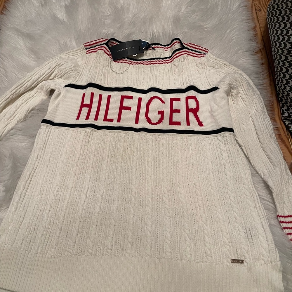 Tommy Hilfiger Women's Cream Sweater with Red and Black Details